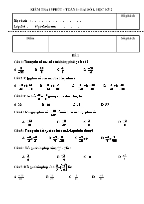 4 Đề kiểm tra 15 phút môn Số học Lớp 6 - Bài số 1 - Học kỳ II
